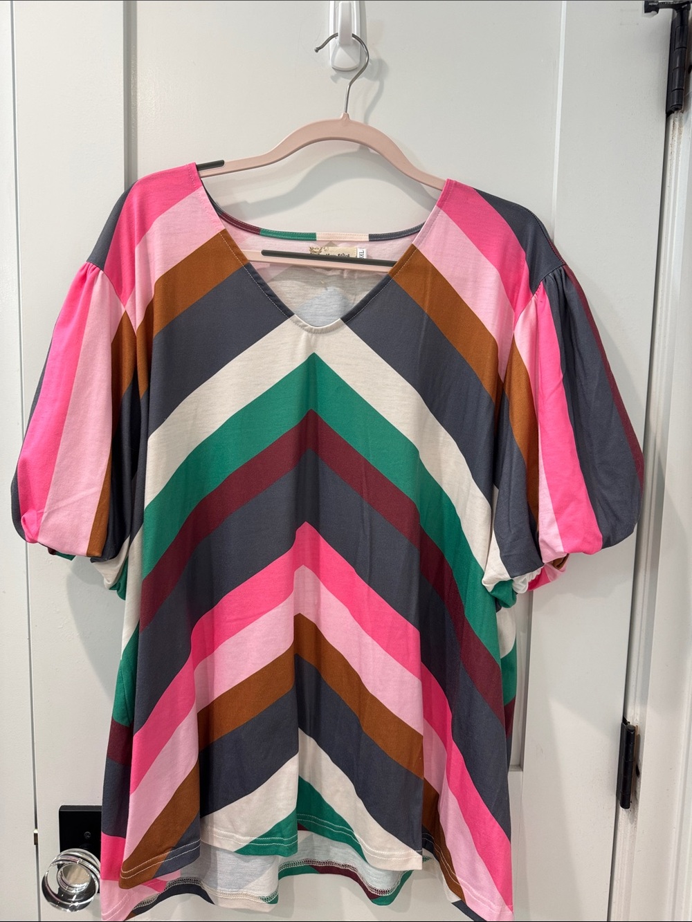 Chevron Stripe V-Neck Puff Sleeve Tunic - Pink, Green & Charcoal